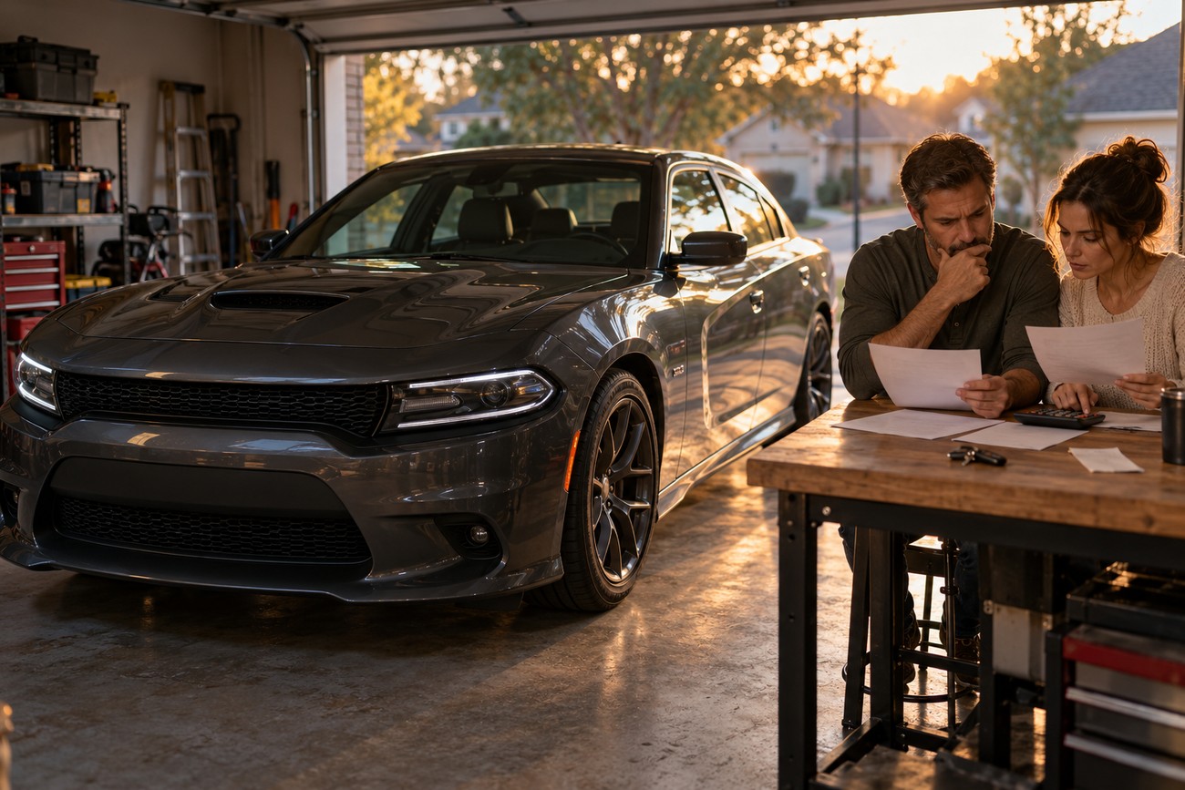 Parents reviewing financial documents and calculator at a workbench in a garage next to a grey Dodge Charger