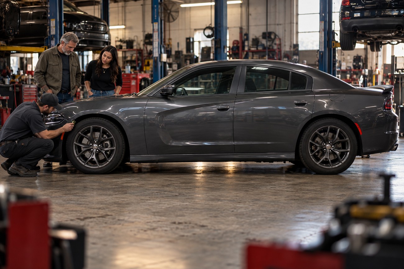A young woman and her parents looking at a dark grey Dodge Charger with a mechanic in a garage
