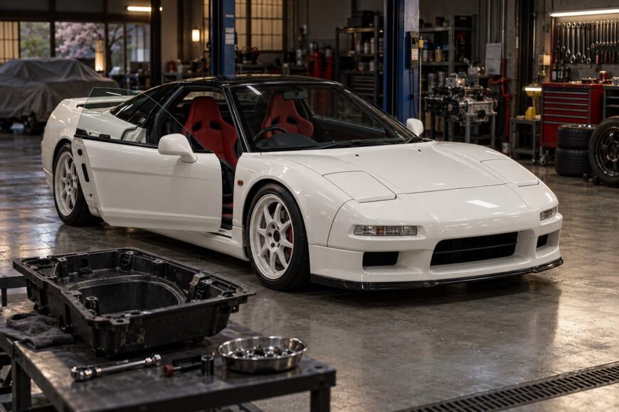 White Honda NSX-R with red racing seats parked inside a well-equipped auto repair garage
