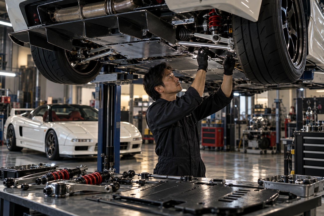 A mechanic in black overalls works on the lifted undercarriage of a white Honda NSX-R in a professional garage