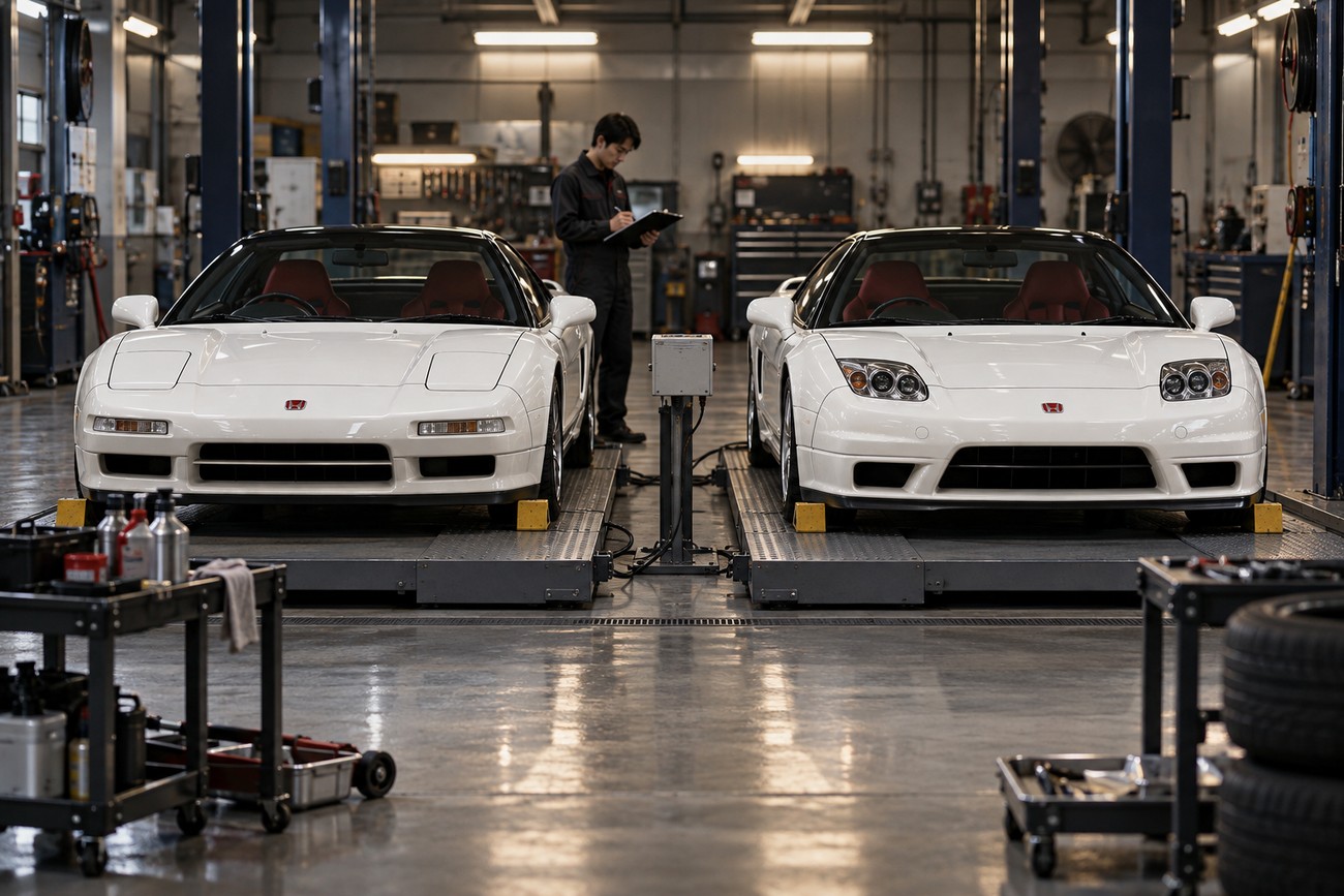 Two white Honda NSX-R sports cars parked on service lifts inside a professional garage while a mechanic inspects them