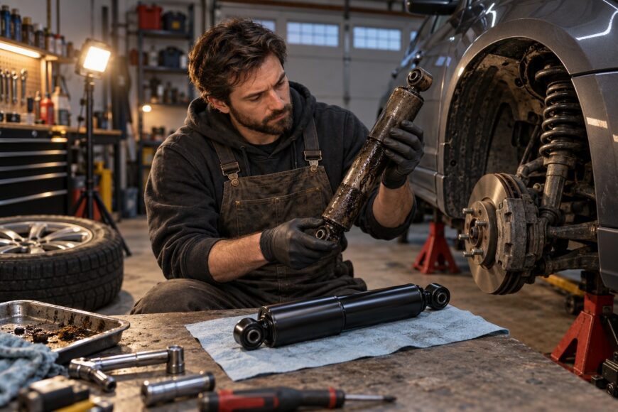 A mechanic wearing overalls and gloves inspects an old worn shock absorber in a garage workshop next to a car with removed wheel