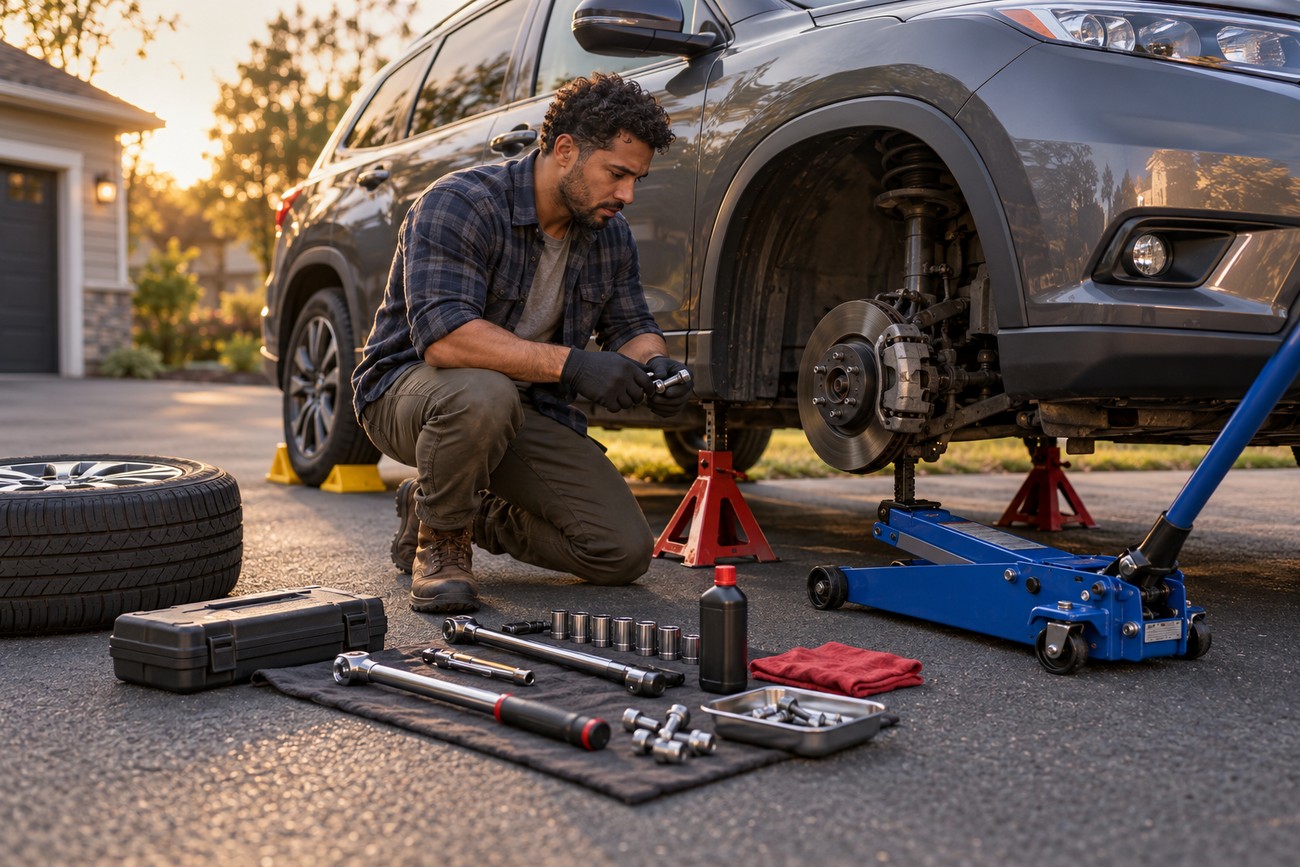 Mechanic squatting beside a jacked-up car in a driveway with tools laid out on the ground