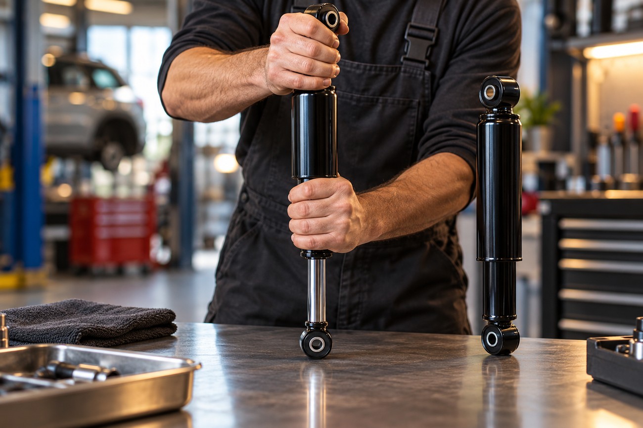 Mechanic testing a new black car shock absorber on a workbench in an auto repair shop