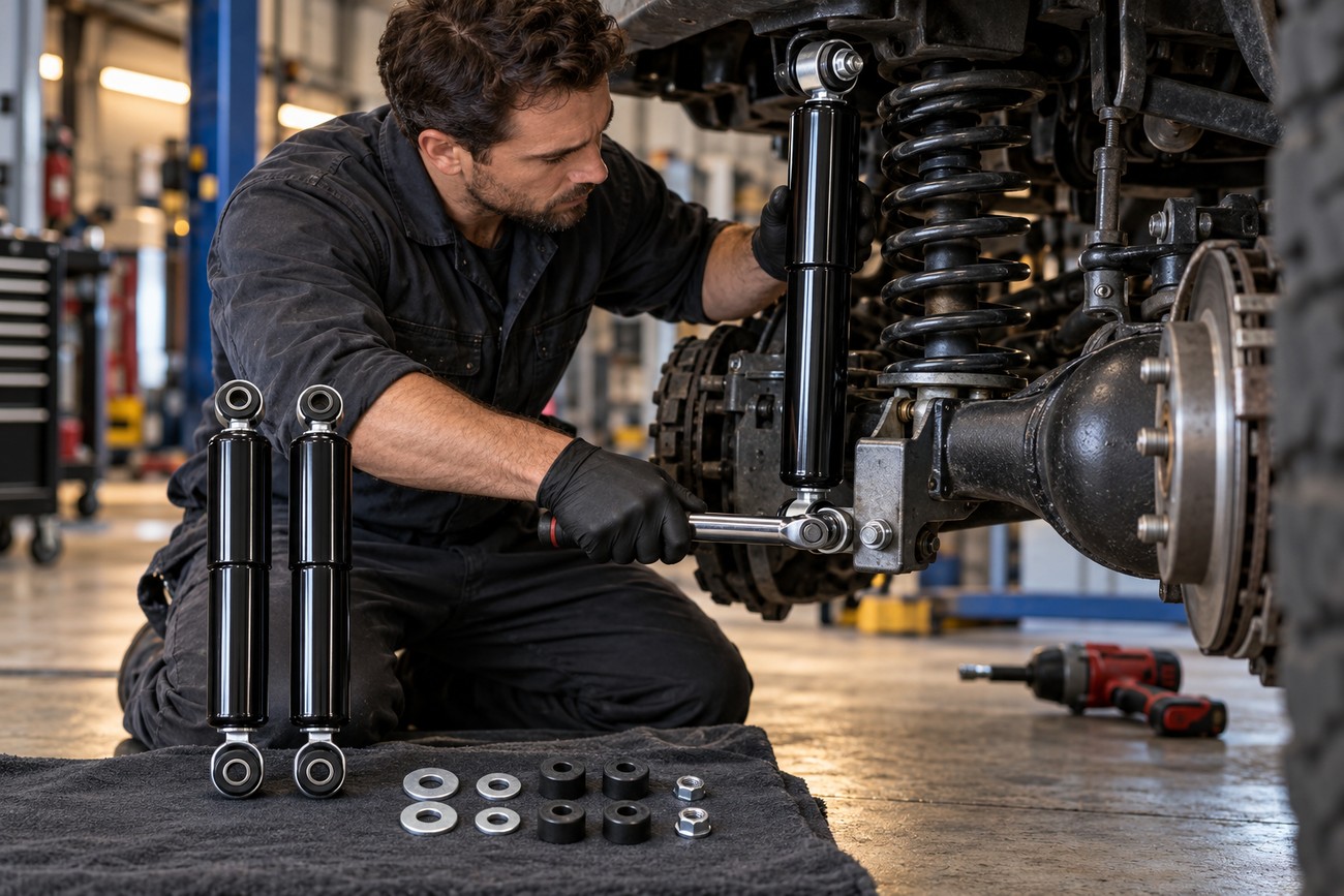 A mechanic wearing gloves uses a ratchet to replace a shock absorber on a car suspension in a workshop