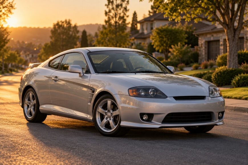 A silver Hyundai Tiburon GT sports coupe parked on a quiet residential street at sunset