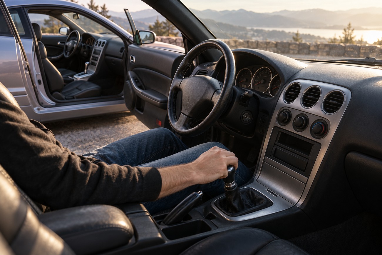 Driver shifting gears inside the interior of a silver Hyundai Tiburon GT parked against a scenic mountain backdrop
