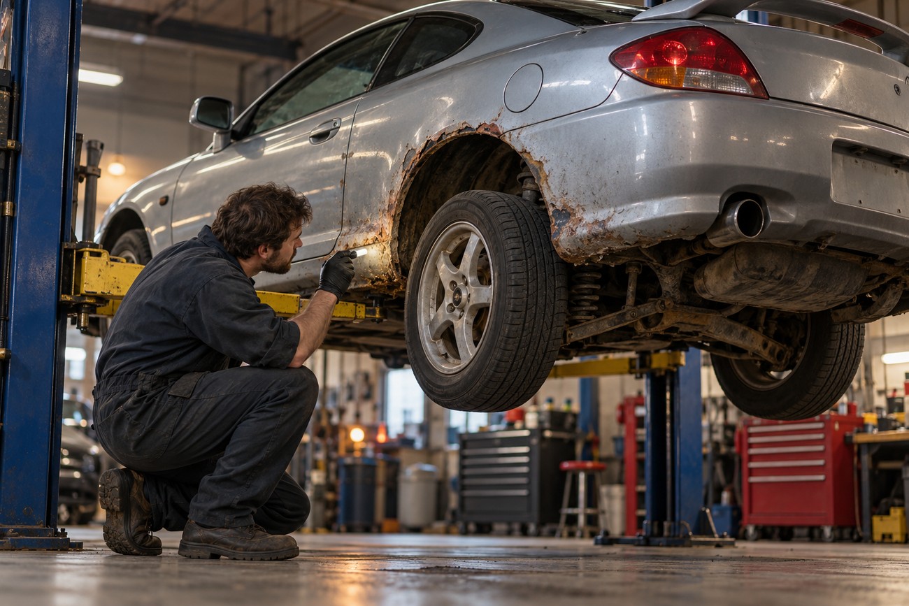 A mechanic inspecting rust damage on the wheel arch of a silver Hyundai Tiburon GT lifted in a repair shop