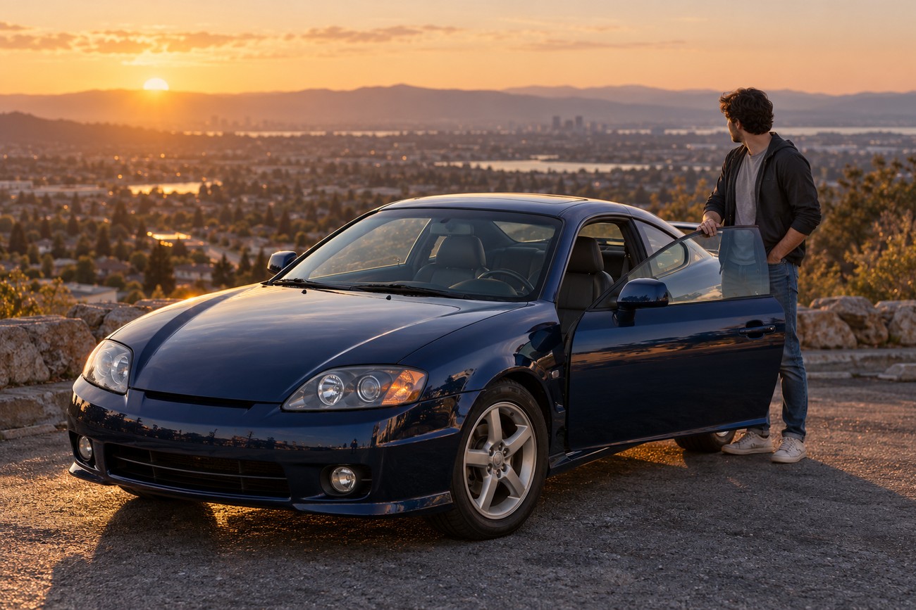 A man stands next to a blue Hyundai Tiburon GT coupe parked on a scenic overlook at sunset