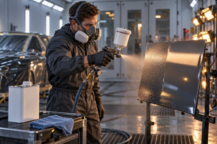 A technician wearing a respirator and protective suit sprays paint from a HVLP gun onto a dark test panel inside a brightly lit automotive spray booth