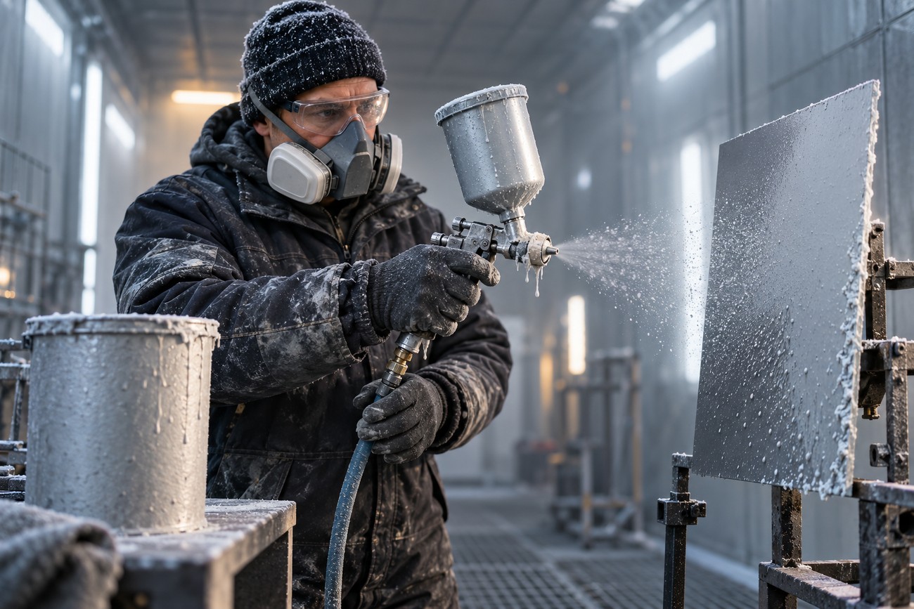 Painter wearing winter gear and a respirator sprays a metal panel with a spray gun in a cold workshop