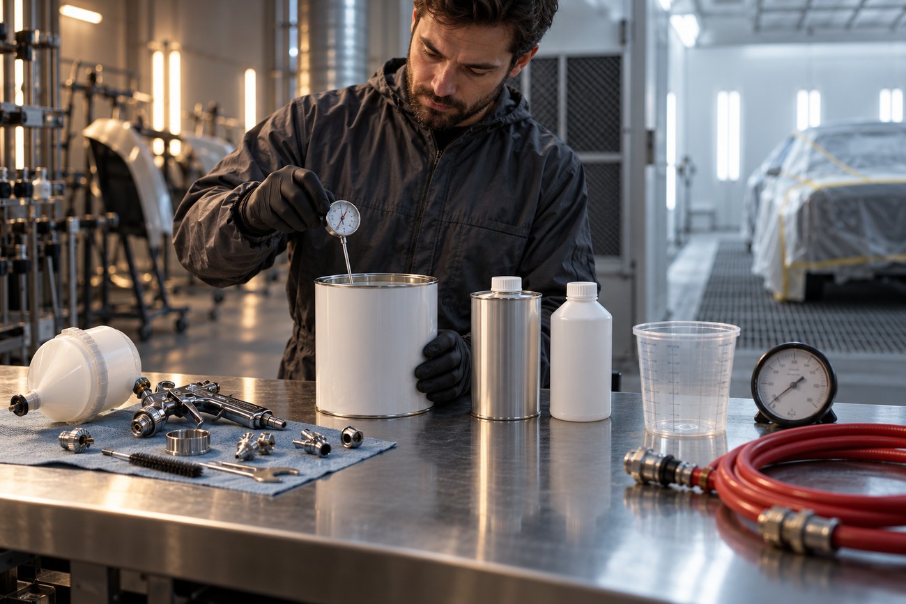 A technician in protective gloves uses a thermometer to check the temperature of a paint reducer in a can on a metal workbench