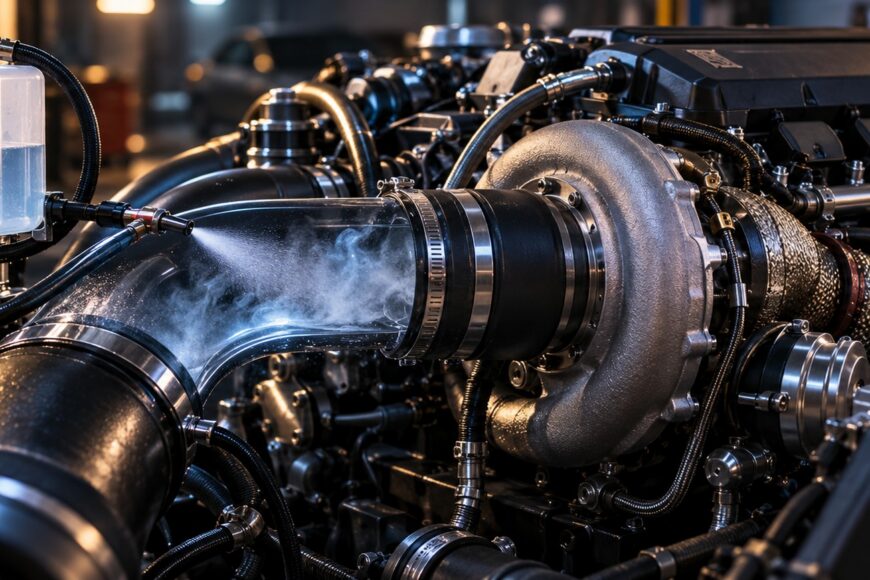A close-up shot of a car engine bay featuring a water methanol injection nozzle spraying mist inside a transparent intake pipe connected to a turbocharger