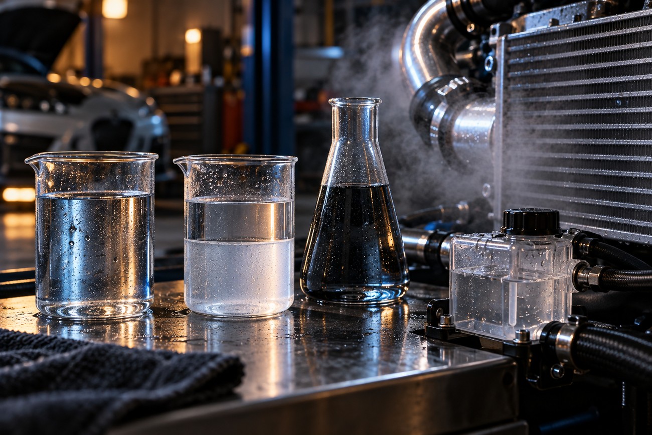 Glass beakers and a flask with liquid stand on a metal workbench next to a turbocharged engine with steaming pipes