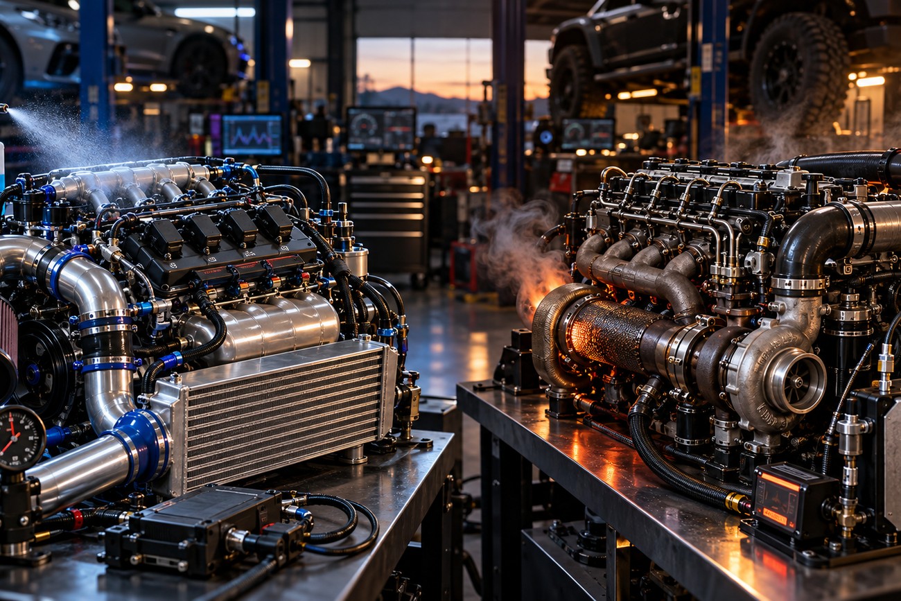 Two high-performance turbo engines on metal workbenches inside a professional tuning garage with visible intercoolers and turbochargers