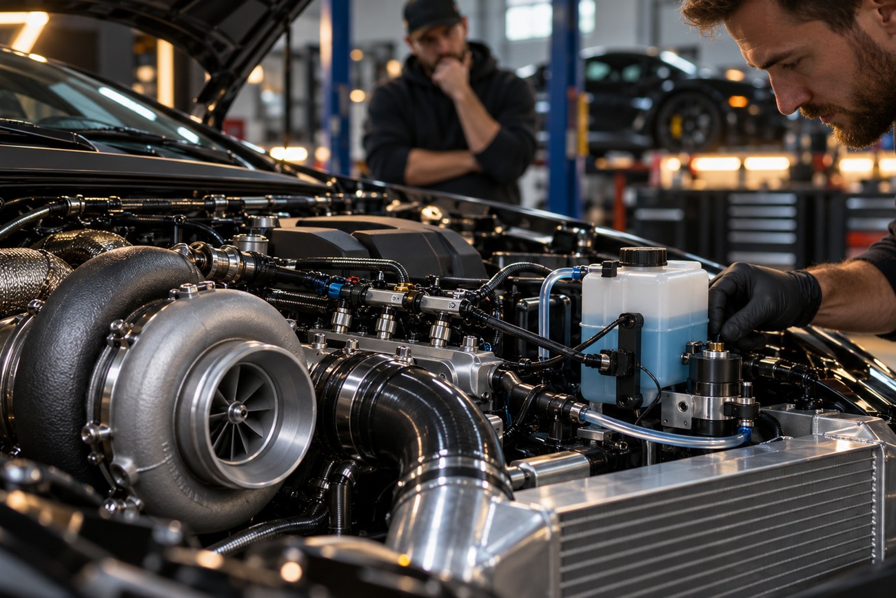 A mechanic in black gloves inspecting a water methanol injection tank and lines inside a turbo engine bay
