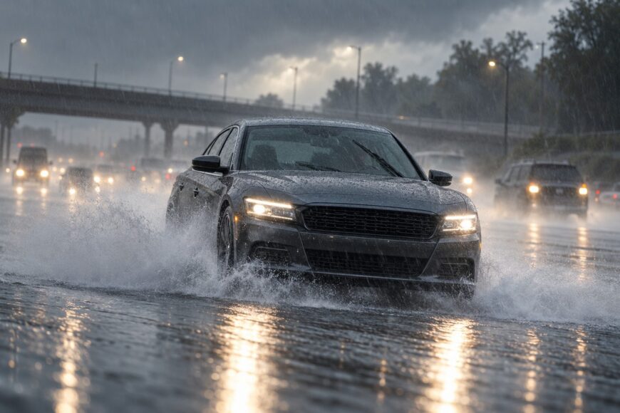 A modern dark car driving on a flooded highway during a heavy rainstorm with splashing water