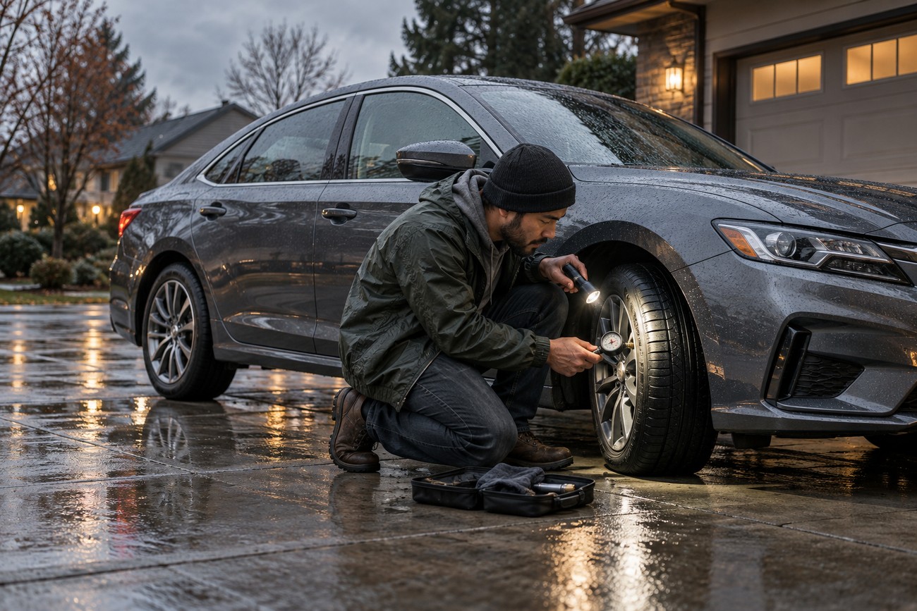 A man kneels beside a wet car on a rainy driveway, checking tire pressure with a gauge and flashlight