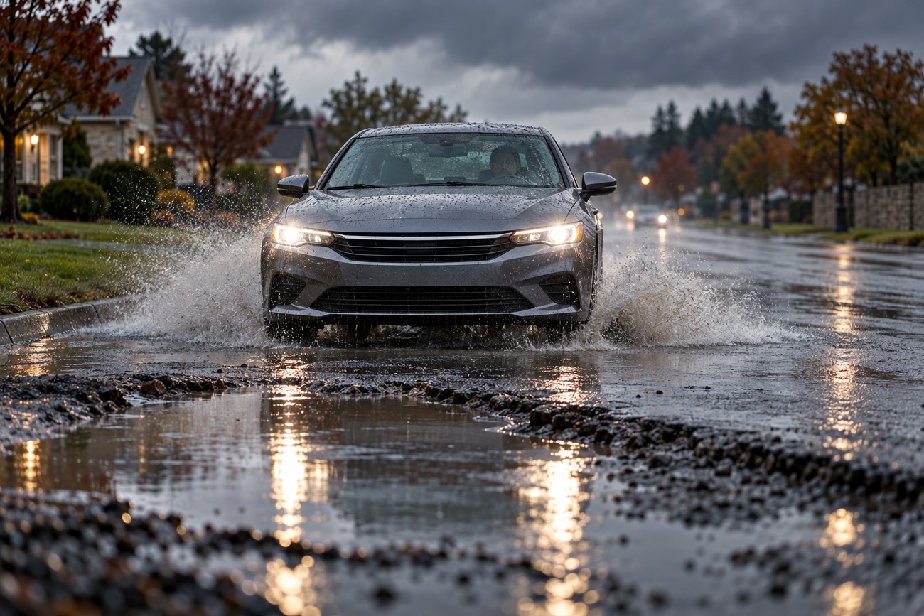 A gray car splashing through deep water on a rainy suburban street with visible puddles