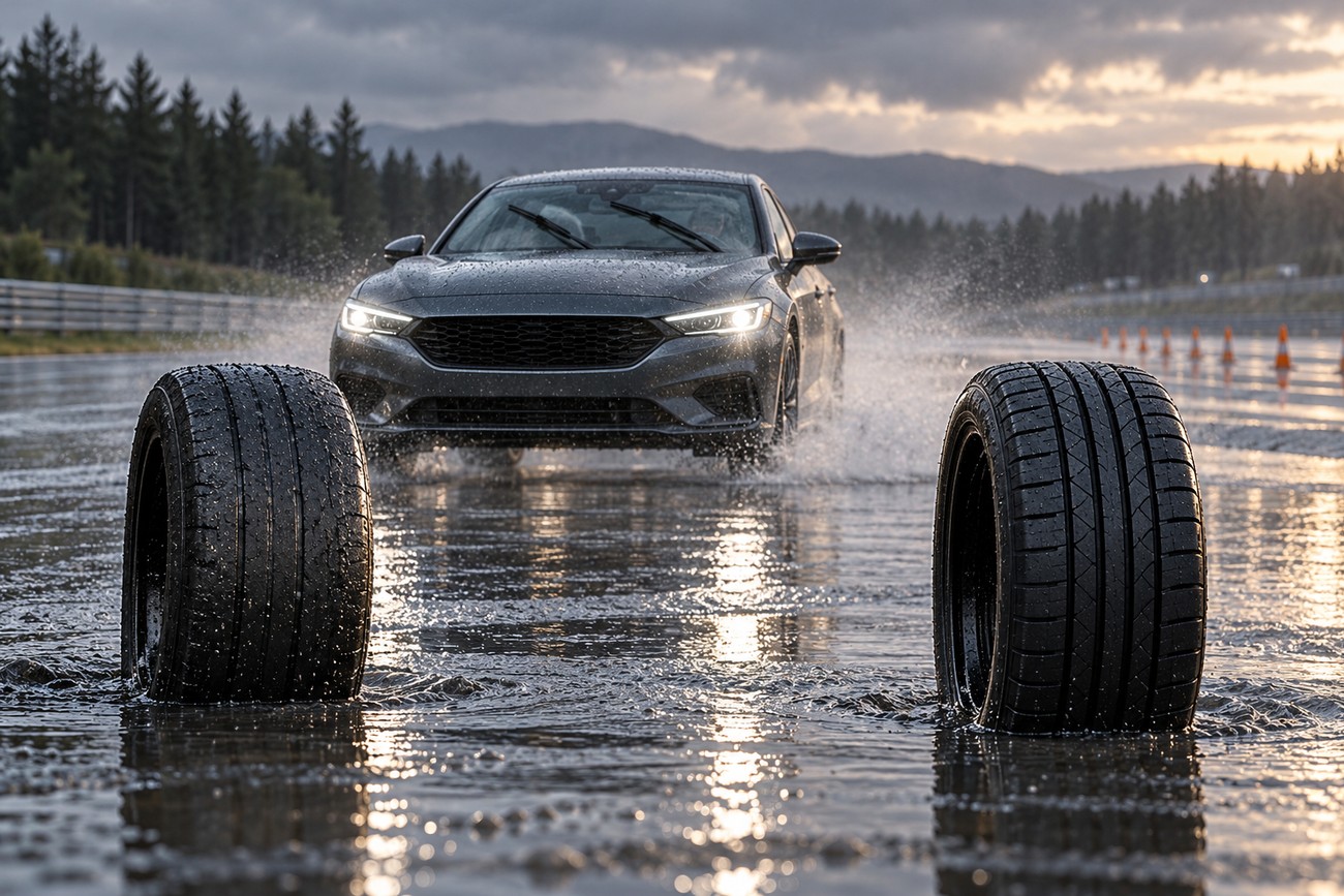 Two car tires standing in water on a wet track with a grey car driving through splashes in the background