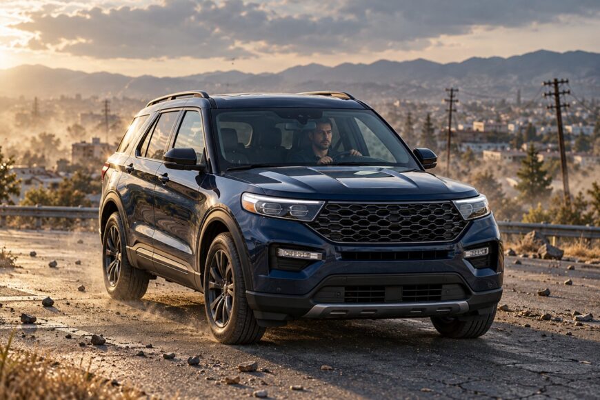 A man driving a dark blue Ford Explorer on a cracked asphalt road covered in dust and debris during an earthquake