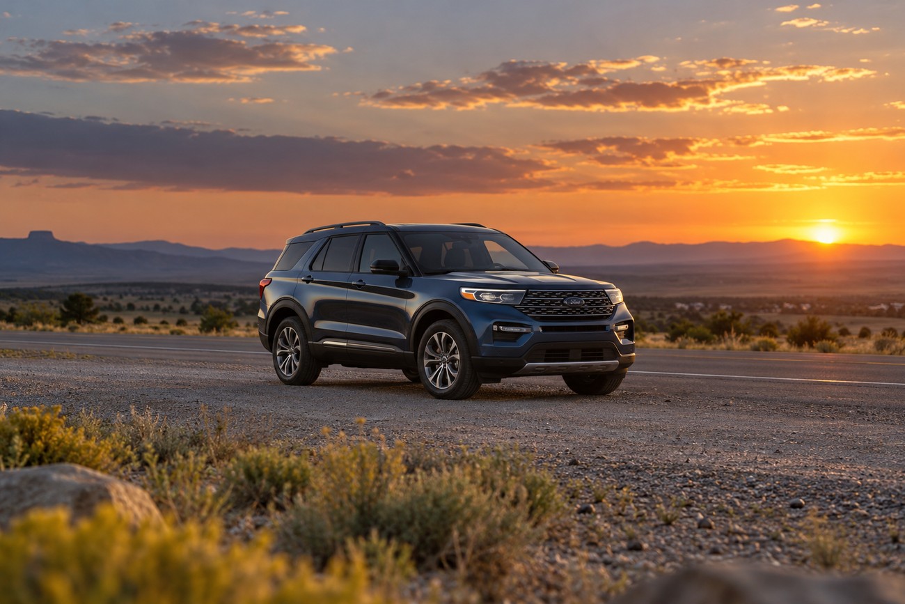A modern dark blue Ford Explorer SUV parked on the roadside in a desert landscape during a vibrant sunset