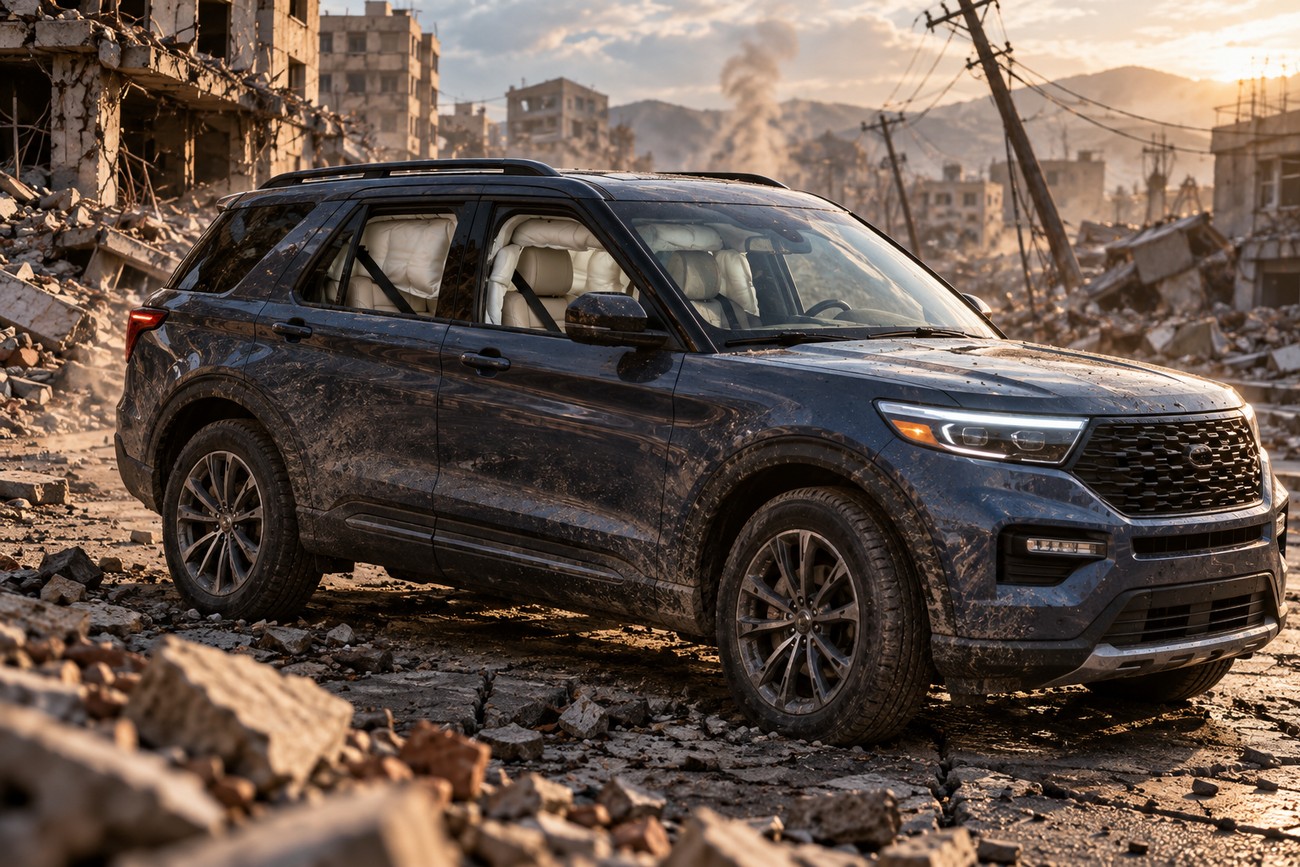 A modern dark Ford Explorer SUV stopped on a ruined earthquake-damaged street with deployed side curtain airbags