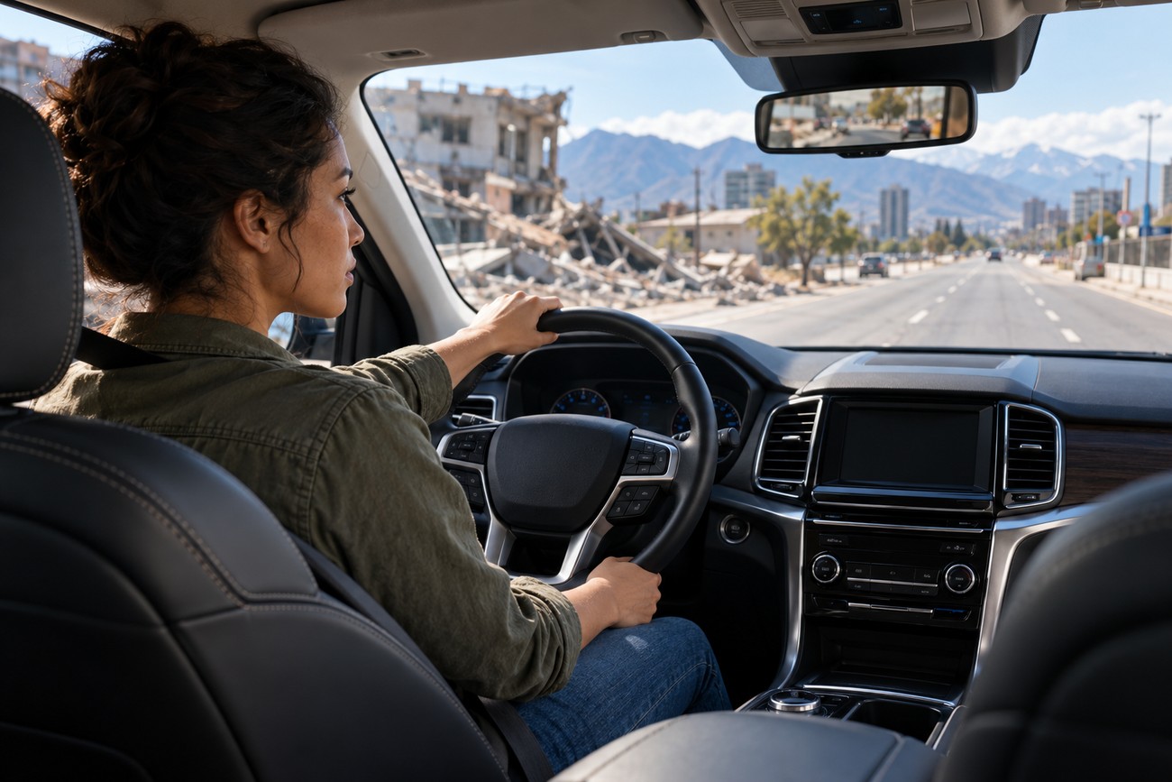 A woman driving a Ford Explorer past damaged buildings following an earthquake