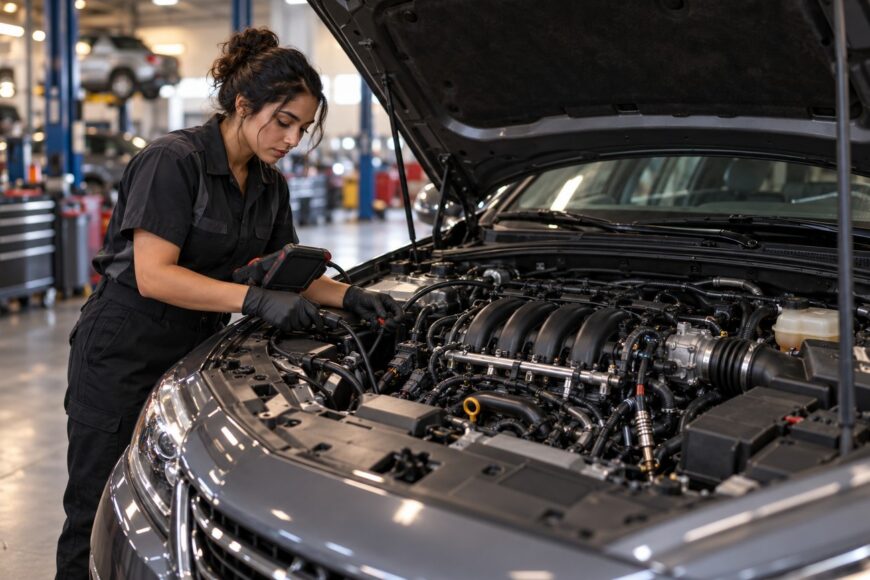 A female mechanic in black overalls examining the engine bay of a car with an open hood using a diagnostic tool