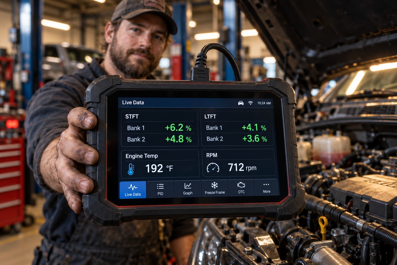 A mechanic holding a diagnostic tablet displaying live fuel trim data in front of a car engine bay