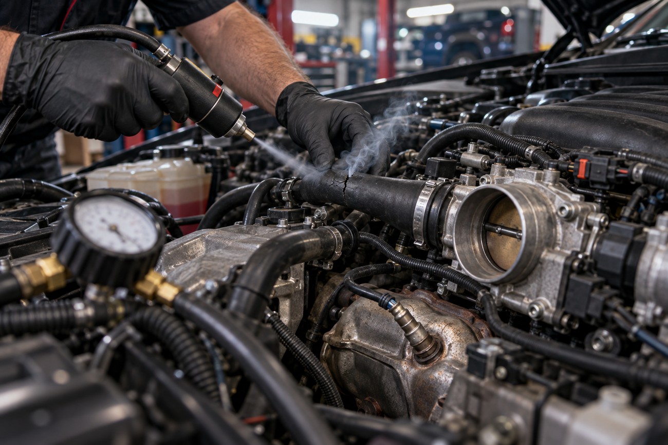 Mechanic in black gloves using a smoke machine to find a vacuum leak on a car engine hose