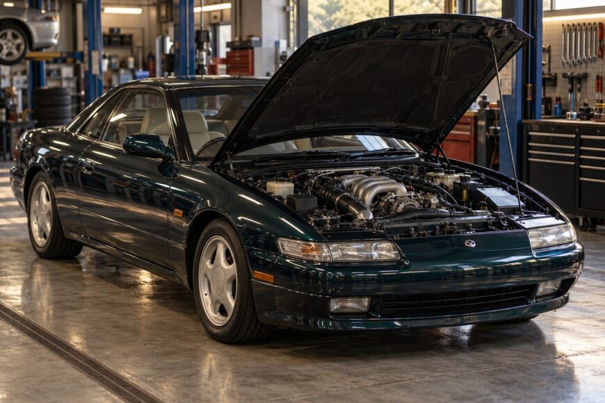 Dark green Eunos Cosmo coupe with an open hood revealing the triple-rotor engine inside a brightly lit garage