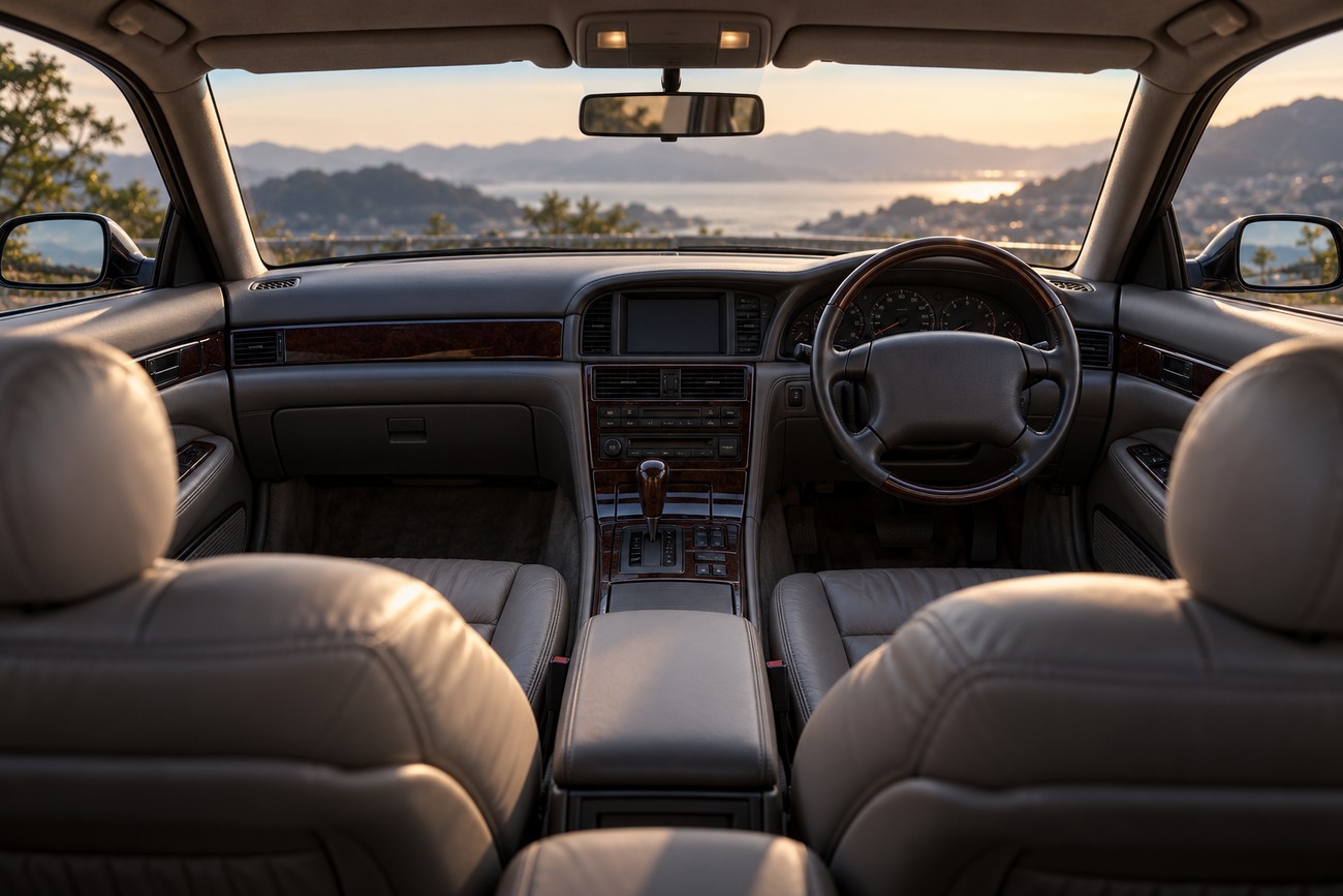 Interior view of a Eunos Cosmo showing the dashboard, steering wheel and leather seats with a scenic landscape visible through the windshield