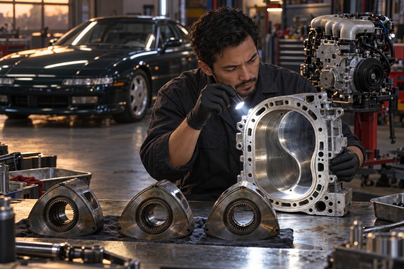 A mechanic in a workshop inspecting a triple-rotor engine housing with a flashlight, with a parked Eunos Cosmo in the background