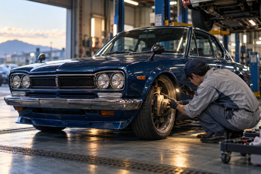 A mechanic in a workshop uses a flashlight to inspect the front wheel and suspension of a classic blue Nissan Skyline