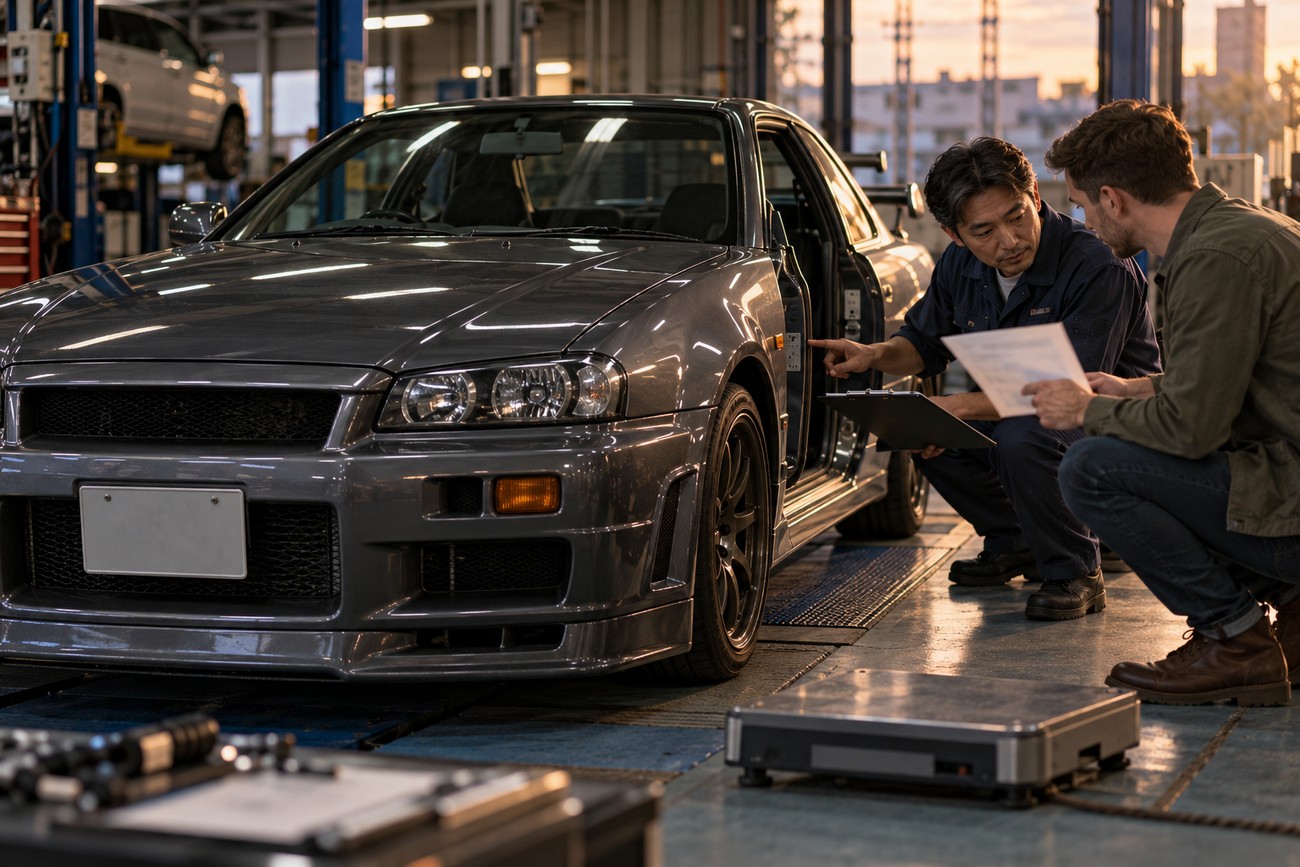Japanese mechanic and customer reviewing documents while inspecting an old gray Nissan Skyline at a service center