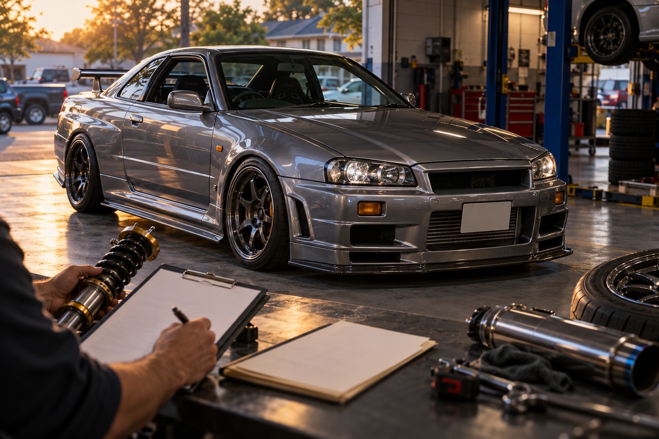 Mechanic writing on a clipboard while inspecting car suspension parts with a silver Nissan Skyline parked in the background of a garage