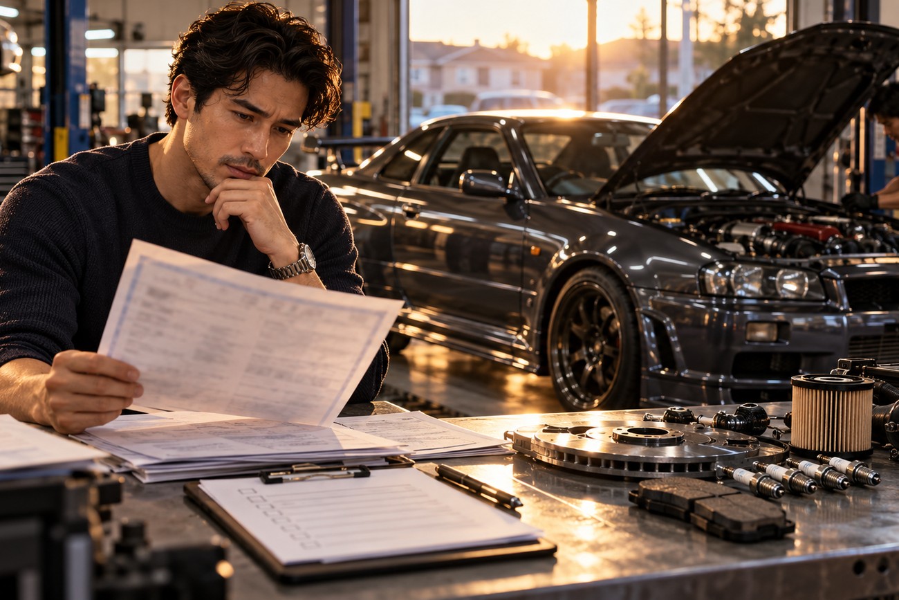 A concentrated mechanic examining Shaken inspection paperwork at a workbench with an old Nissan Skyline in a garage