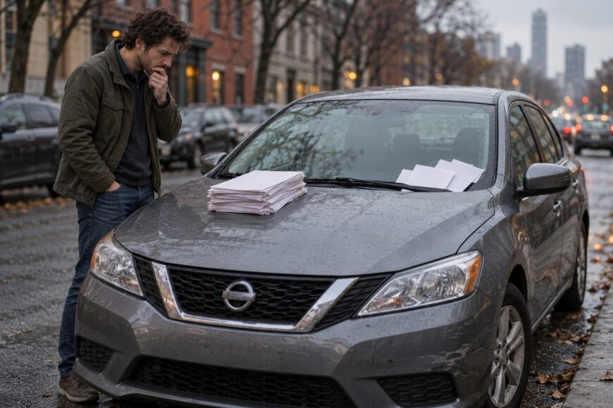 A frustrated man looking at a grey Nissan Sentra covered with a stack of parking tickets on the hood and windshield on a city street