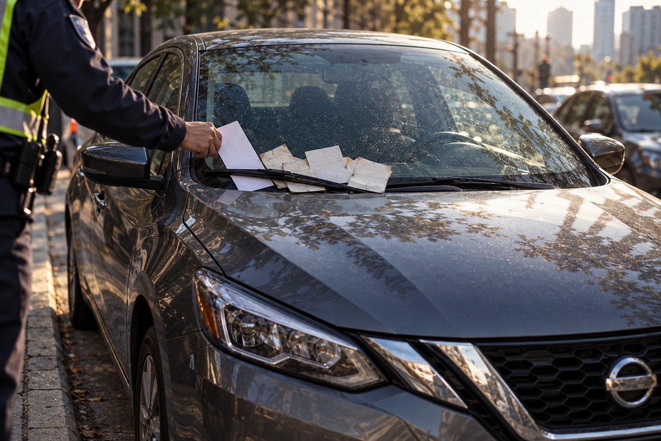 Police officer placing a parking ticket on the windshield of a grey Nissan Sentra piled with multiple tickets