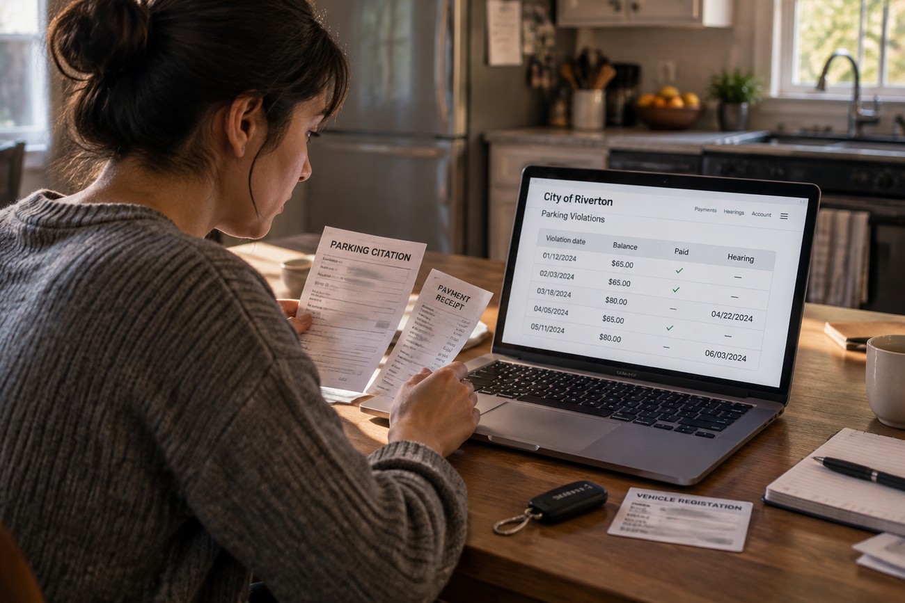 A woman sitting at a kitchen table holding parking citations and checking parking violations on a laptop