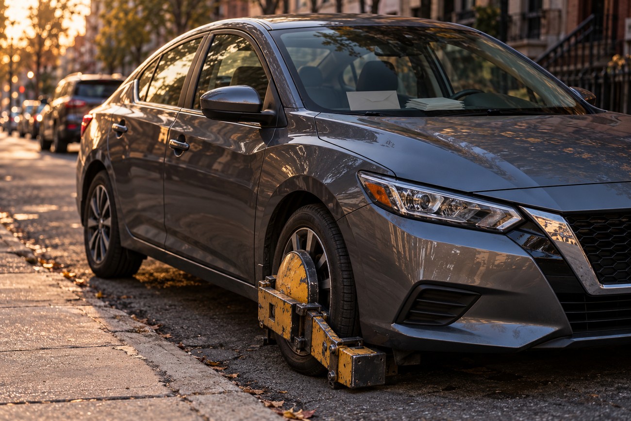 A gray Nissan Sentra parked on a city street with parking tickets on the dashboard and a yellow wheel boot locked on the front tire