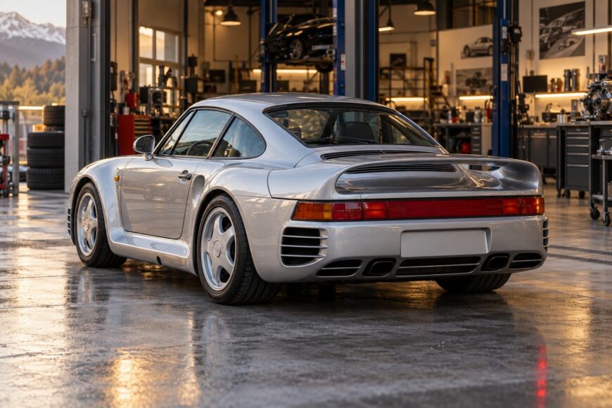 Silver Porsche 959 parked on a polished concrete floor inside a well-lit automotive workshop