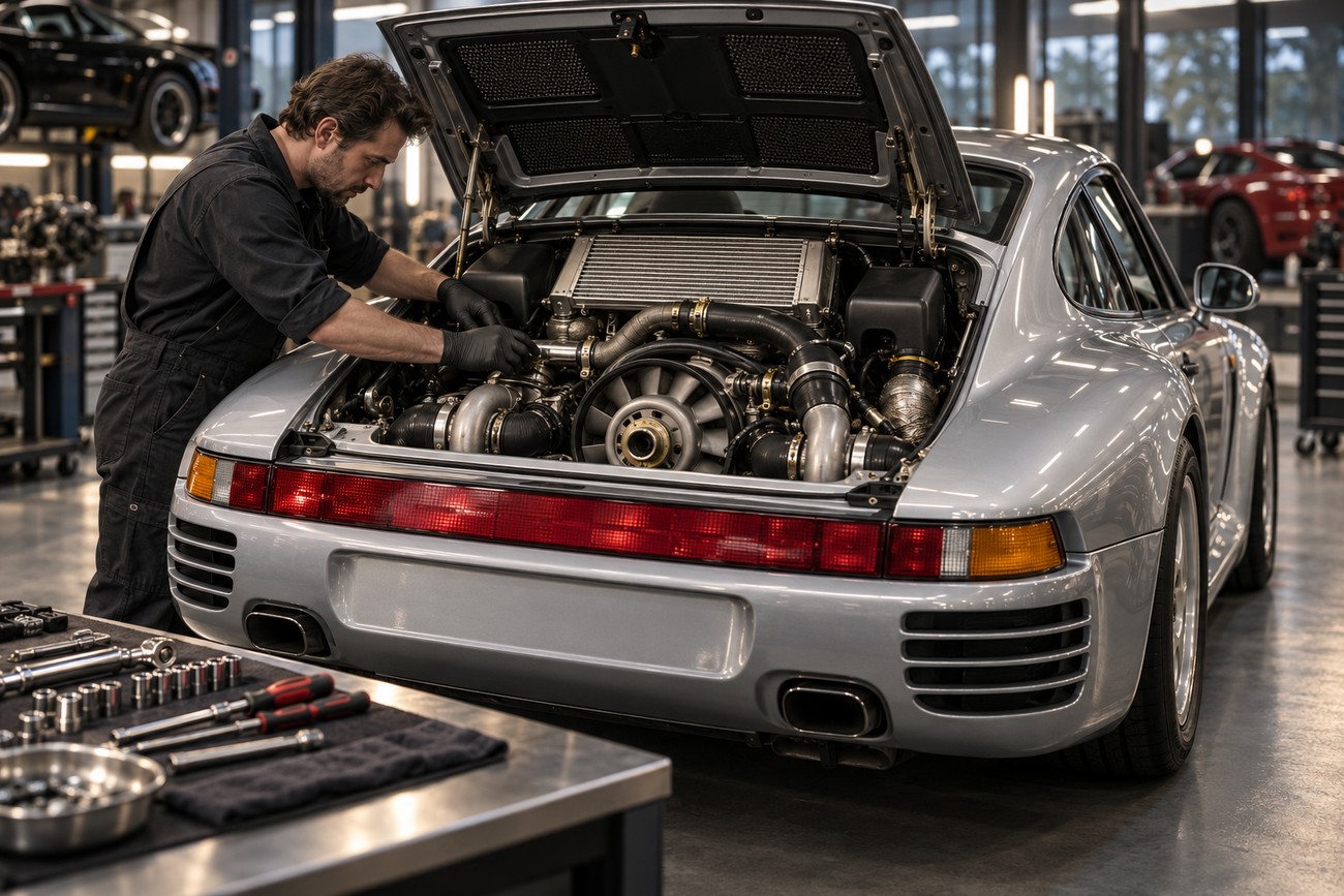 A mechanic in black overalls inspects the intricate engine bay of a silver Porsche 959 inside a garage