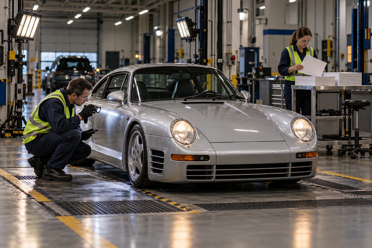 An engineer inspects a silver Porsche 959 sports car with a flashlight inside a manufacturing workshop