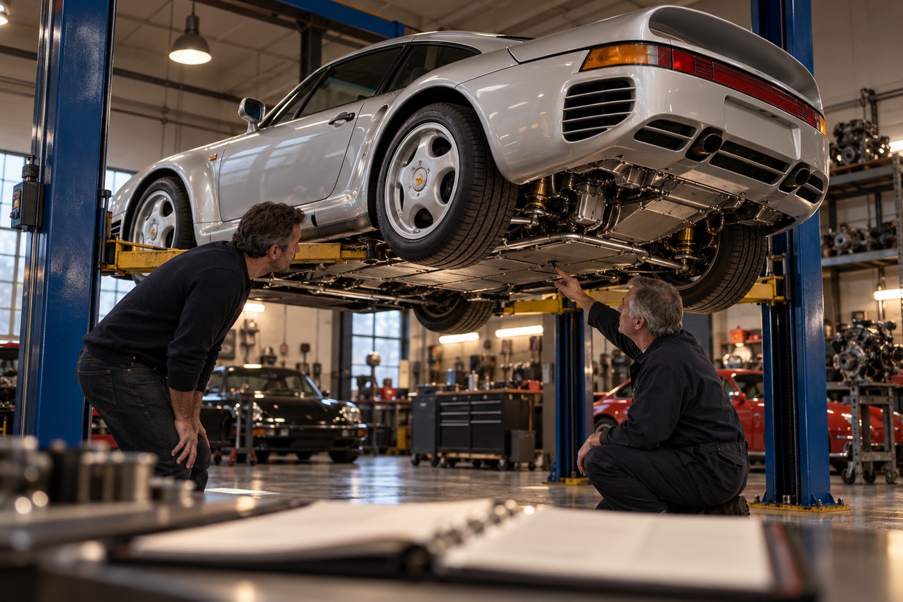 Two mechanics examining the undercarriage of a silver Porsche 959 lifted in a garage