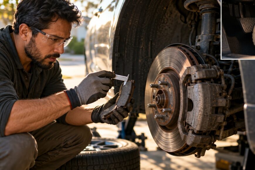 Mechanic in safety glasses measuring a worn brake pad with a caliper near a car wheel