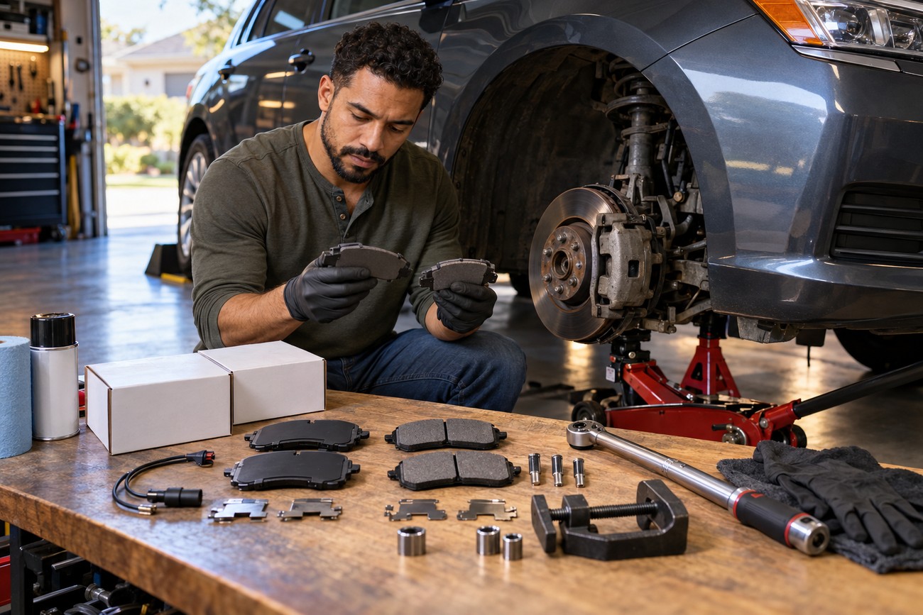 A man wearing gloves holds new brake pads next to a workbench with car parts and a raised vehicle in a garage