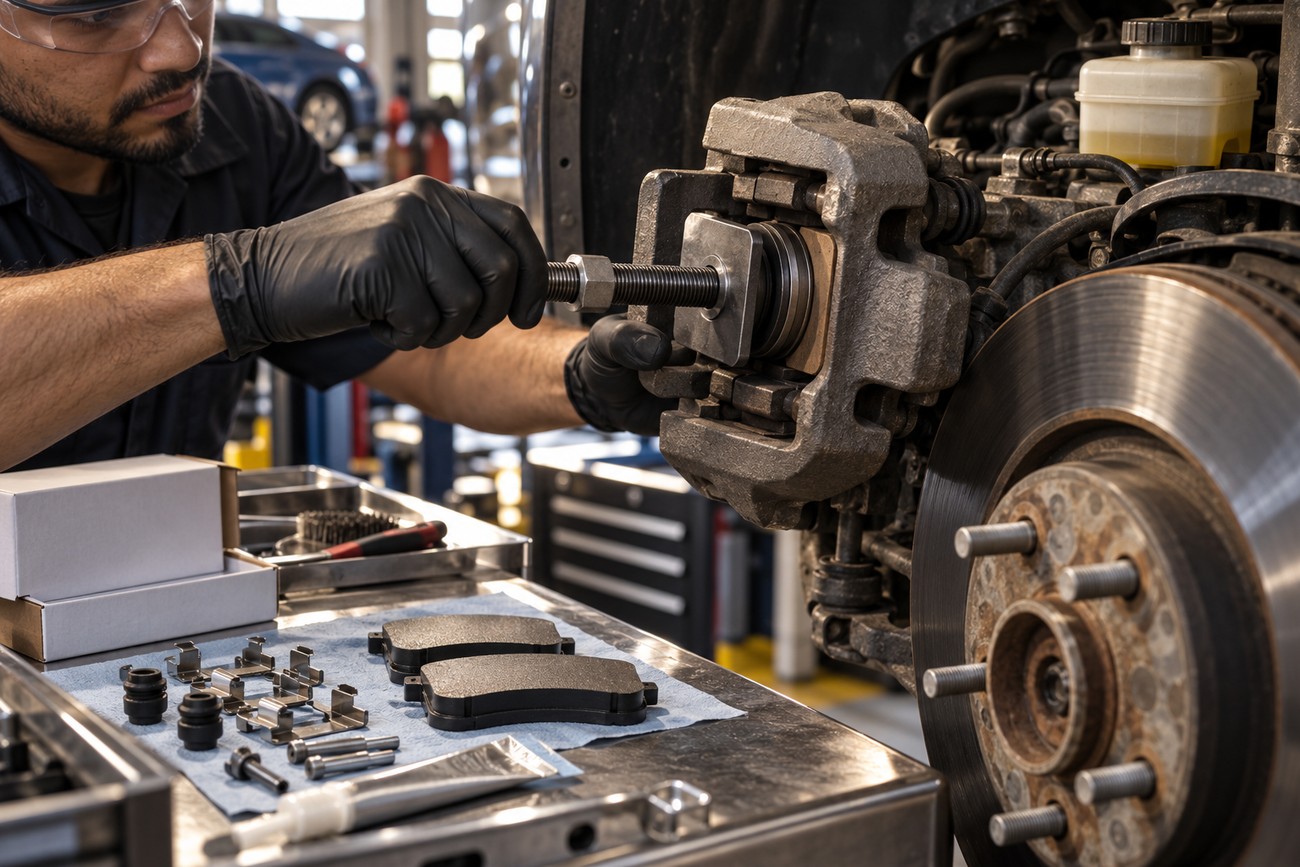 Mechanic wearing gloves using a tool to compress the brake caliper piston during pad replacement