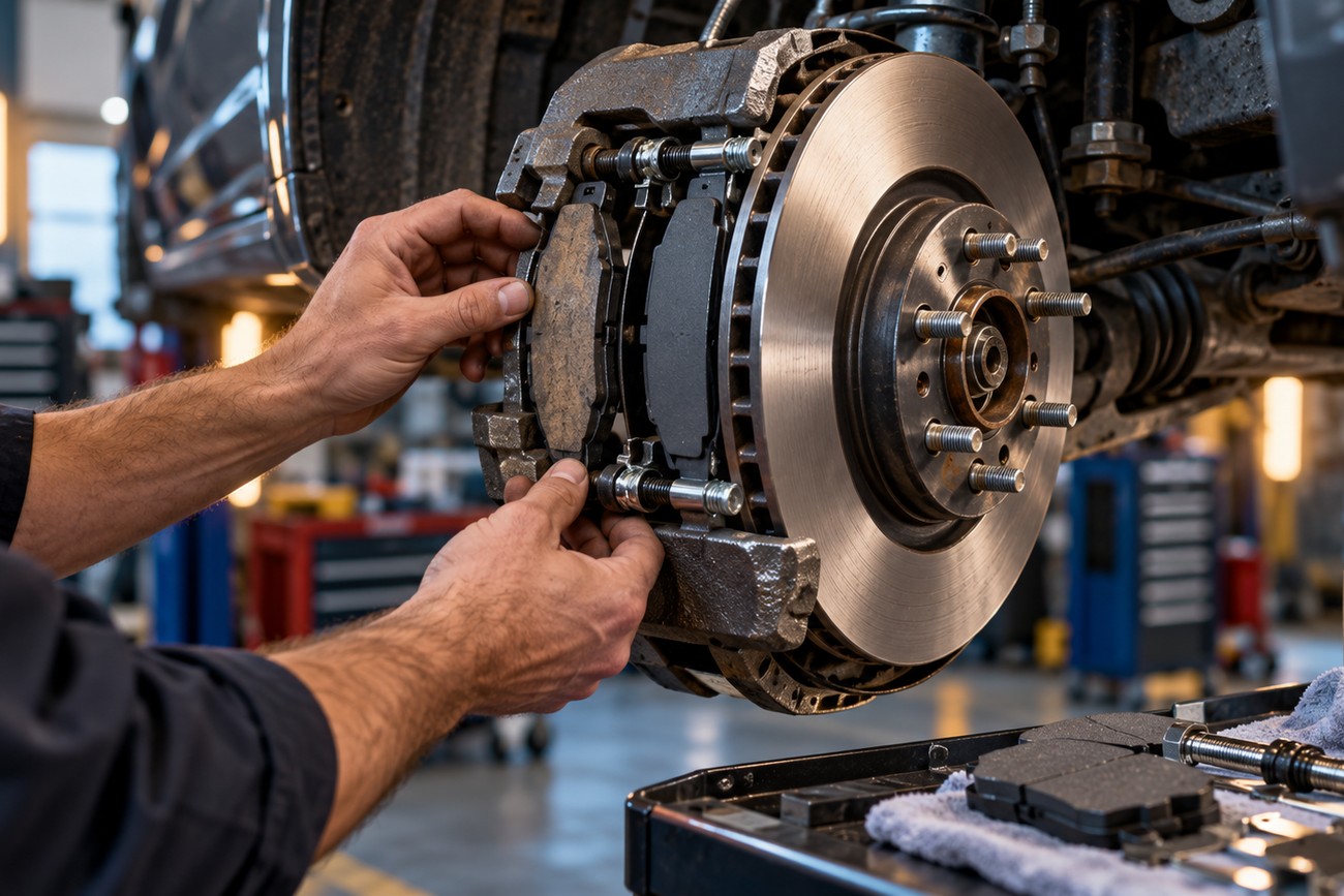 Mechanic hands installing new brake pads into the caliper of a car disc brake system